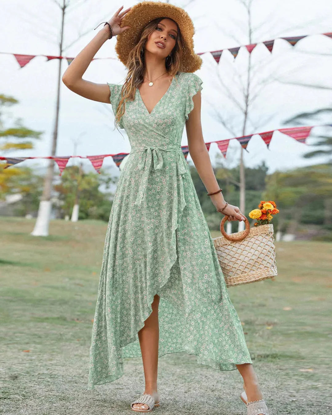 Frill Short-sleeved Long Dress