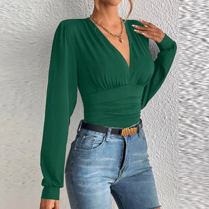 Deep Long Sleeve V Neck Blouse