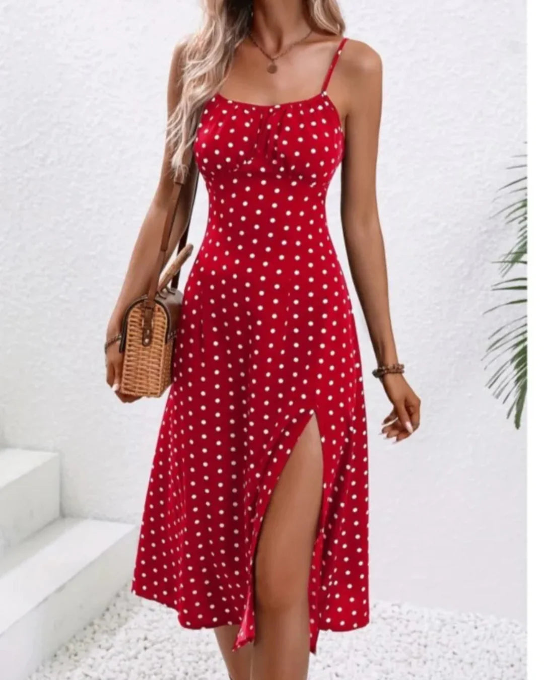 Spagetti Dot Print Sleeveless Midi Dress
