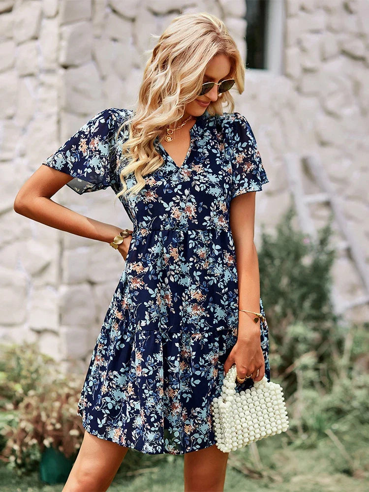 Short Sleeved Mini Chic Printed Floral Dress