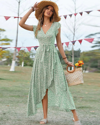 Frill Short-sleeved Long Dress