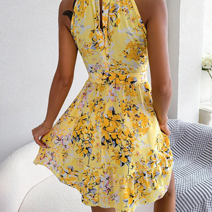 Floral Printed Halter Summer Short Dress