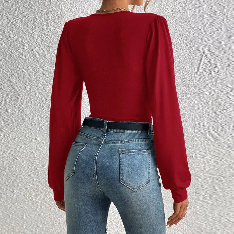 Deep Long Sleeve V Neck Blouse