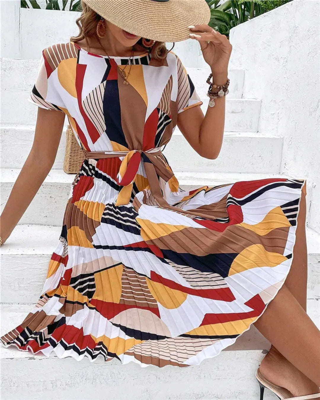 Geo Print Pleated Long Dress