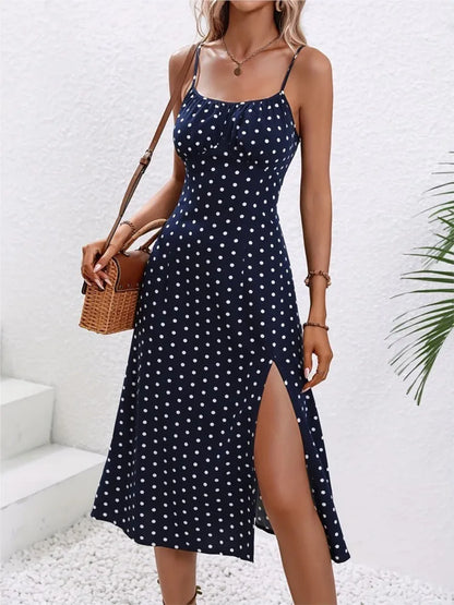 Spagetti Dot Print Sleeveless Midi Dress
