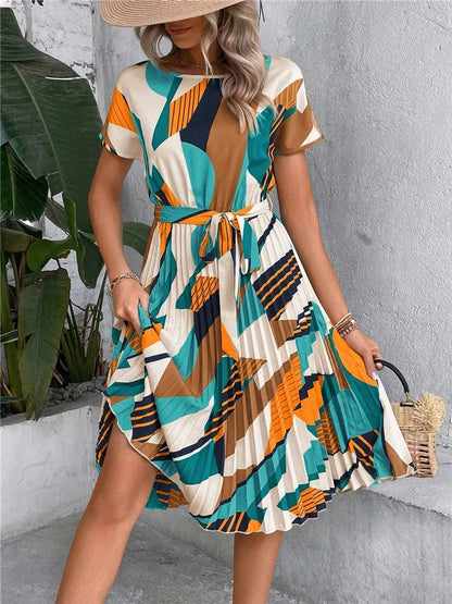 Geo Print Pleated Long Dress