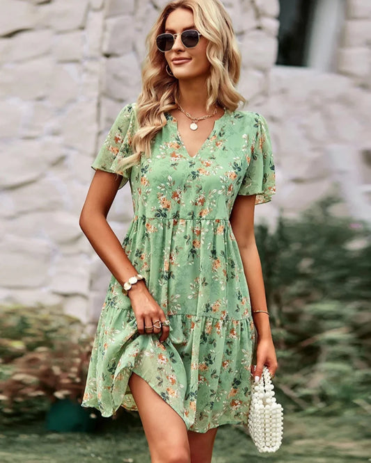 Short Sleeved Mini Chic Printed Floral Dress