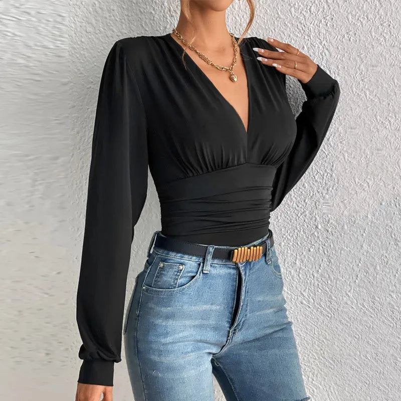 Deep Long Sleeve V Neck Blouse
