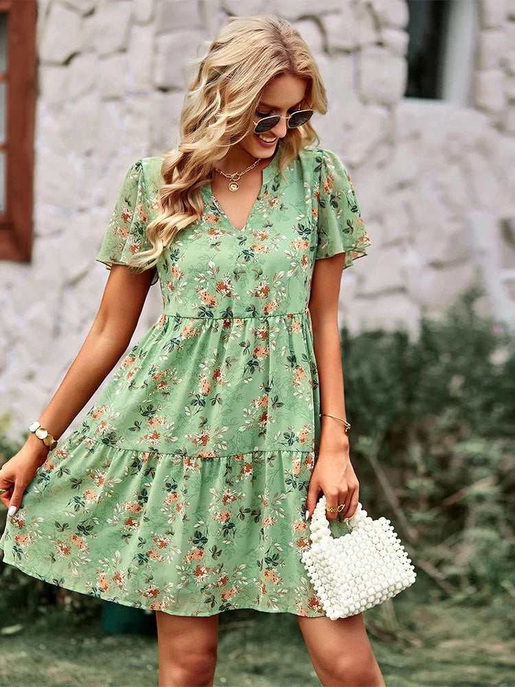 Short Sleeved Mini Chic Printed Floral Dress