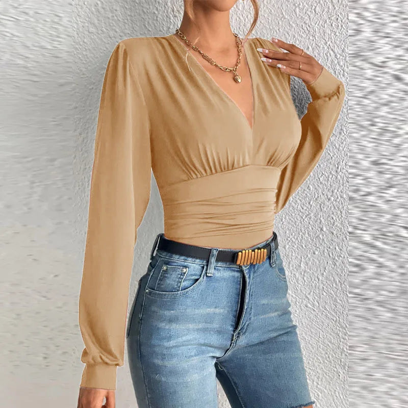 Deep Long Sleeve V Neck Blouse