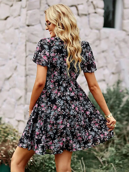 Short Sleeved Mini Chic Printed Floral Dress