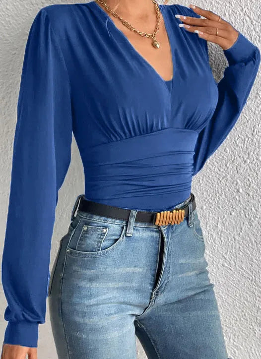 Deep Long Sleeve V Neck Blouse