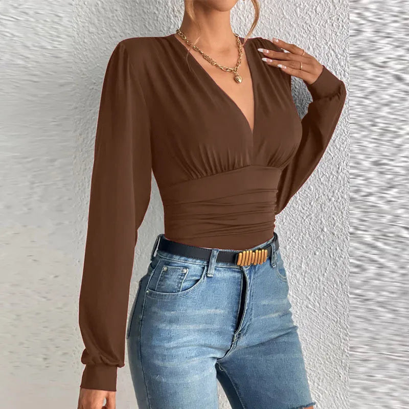 Deep Long Sleeve V Neck Blouse