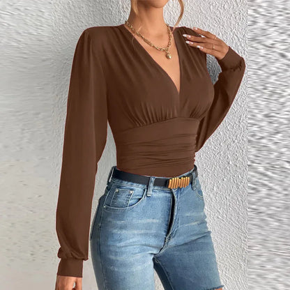 Deep Long Sleeve V Neck Blouse