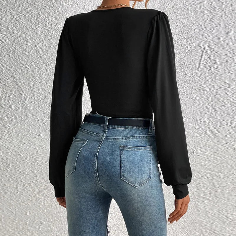 Deep Long Sleeve V Neck Blouse