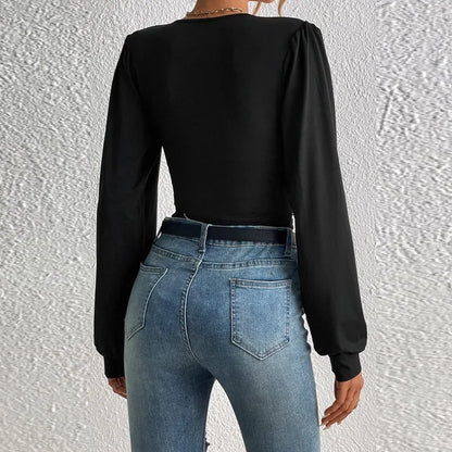 Deep Long Sleeve V Neck Blouse