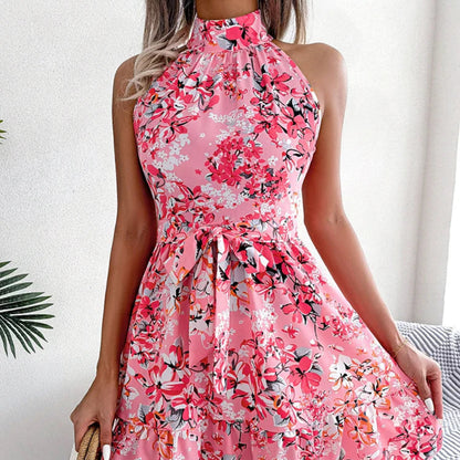 Floral Printed Halter Summer Short Dress